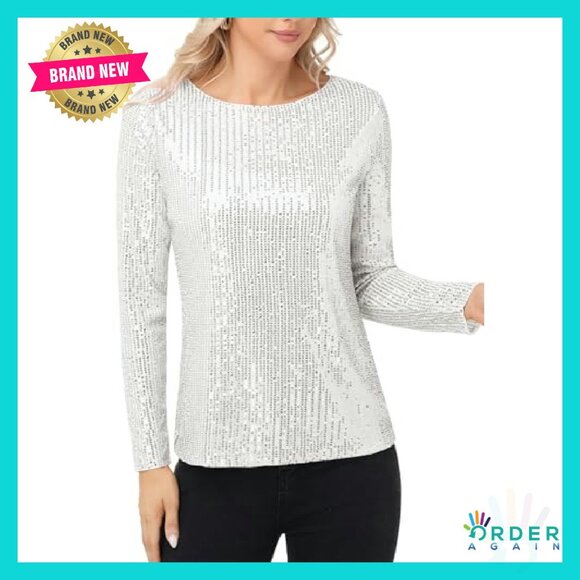 Long Sleeve Sequin Blouse Elegant Party Top Lined Sparkly Evening Wear - Picture 2 of 8